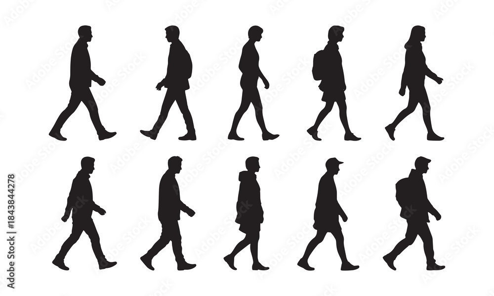 Fototapeta premium Walking People Silhouettes Set