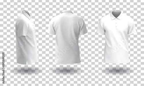 Three views of a plain white polo shirt