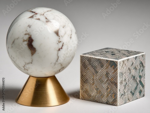 Abstract art sculpture with sphere and cube on a plain background