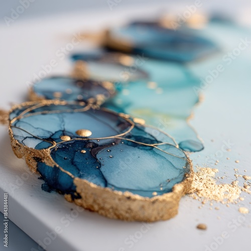 Abstract art with blue and gold ink on white background close up