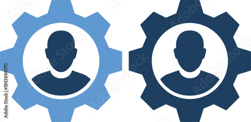 Two gear icons with human silhouettes in blue tones on isolated white background