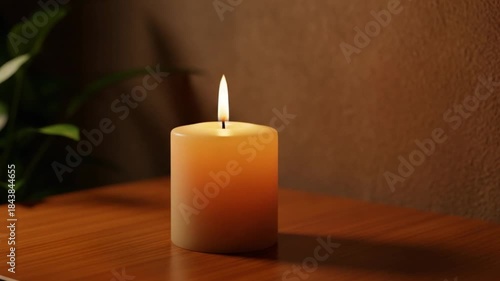 Wallpaper Mural Burning white pillar candle with a bright flame on a wooden surface in a dimly lit, warm atmosphere with soft shadows and a plant in the background Torontodigital.ca