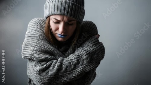 Young woman shivering from cold wearing a thick knitted sweater and beanie hat with blue lipstick against a dark gray background