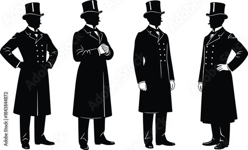 Victorian man silhouettes, historical fashion, top hat style, vintage clothing, 19th century attire, formal wear, coat and trousers, gentleman pose, retro outfit, fashion reference, antique costume