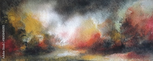 Abstract artwork of colorful sky with cloud like formations and textured brushstrokes