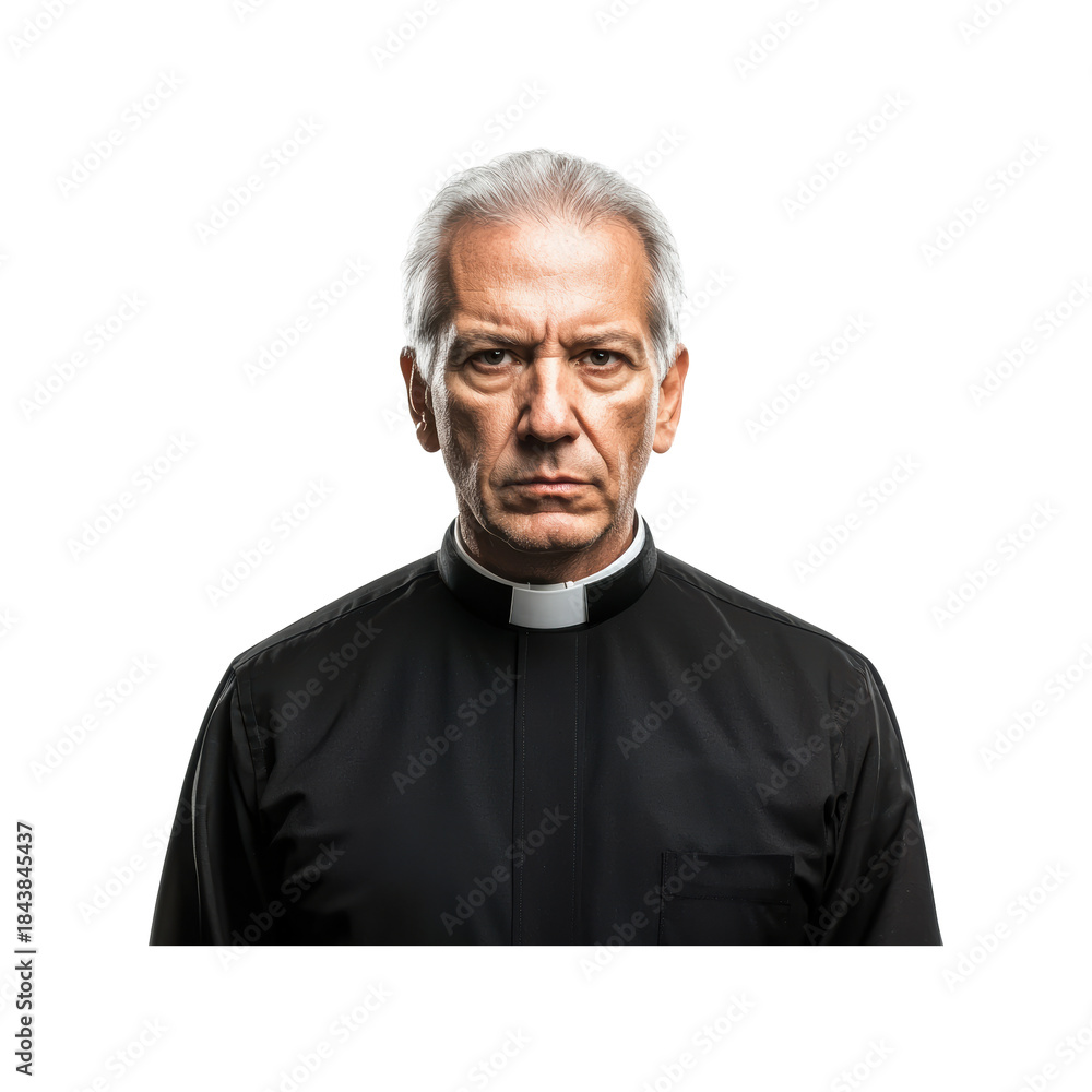Obraz premium Clergy Portrait Of Elderly Man In Black Cassock. Religious Leadership And Spiritual Guidance. Isolated On Transparent Background