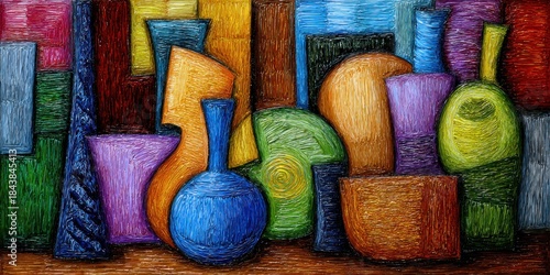 Abstract artwork of various colorful vases in a vibrant and artistic composition