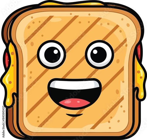 A cartoon grilled cheese sandwich with a happy face and melting cheese details
