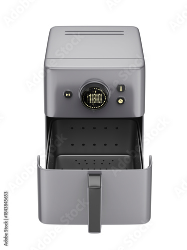 Front view of an open, empty air fryer on transparent background