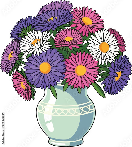 A colorful bouquet of aster flowers arranged beautifully in a light blue vase