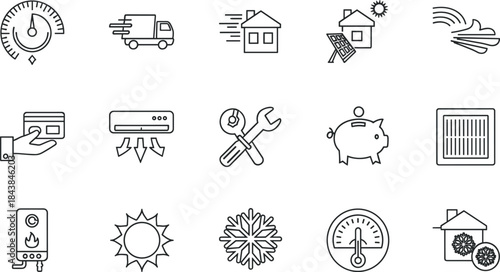 HVAC service icons set, heating and cooling system symbols, energy efficiency home maintenance, ventilation repair illustration, climate control equipment graphics