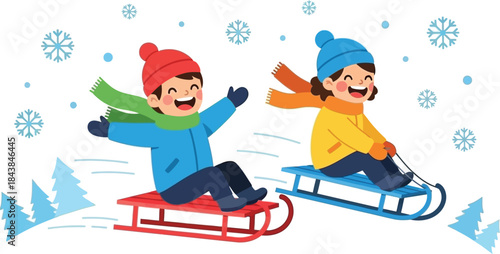 Joyful winter scene depicting two children sledding downhill surrounded by falling snowflakes