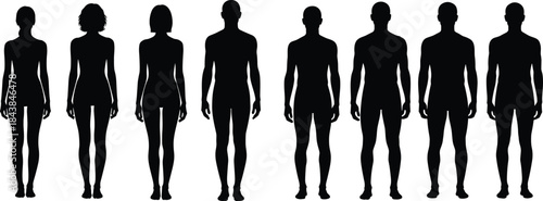 Human silhouettes, male and female figures, body shape comparison, anatomy reference, gender difference, standing posture, design template, neutral pose, fashion sketch, body outline, figure study