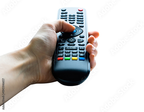 Hand Holding Remote Control Pressing Blue Button Isolated on Black Background finger