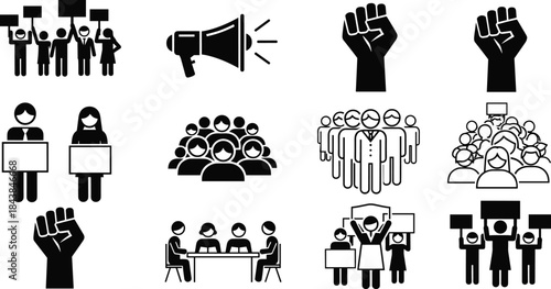 Protest icons, activism symbols, raised fists, community gathering, megaphone, rally signs, solidarity, leadership, resistance, meeting, demonstration, unity, social movement, public voice,