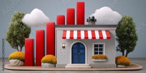 A whimsical model of a house with a blue door and red awning, surrounded by trees and rising bar charts symbolizing growth