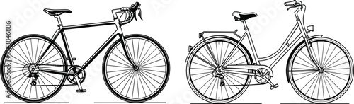Road bike silhouette, city bike illustration, bicycle comparison, urban commute, cycling design, transport icon, bike anatomy, side view, gear setup, commuter bike