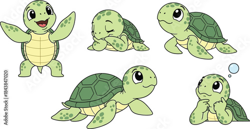Adorable cartoon turtles in various poses showcase playful expressions and charming designs