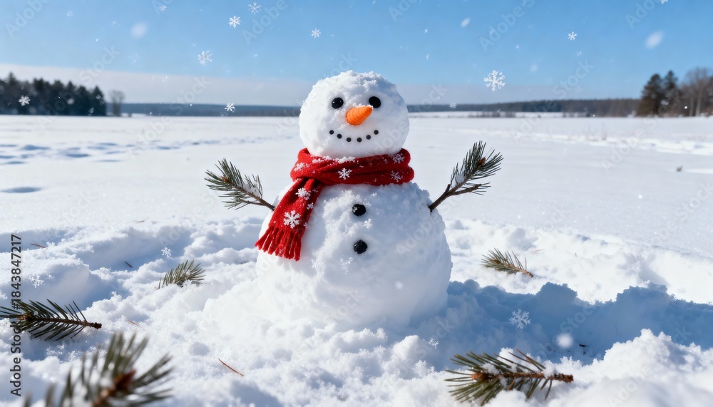 Obraz premium Cute Snowman in Winter Landscape with Falling Snowflakes