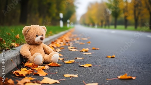 Fototapeta Naklejka Na Ścianę i Meble -  A lonely teddy bear sitting on a road with autumn leaves