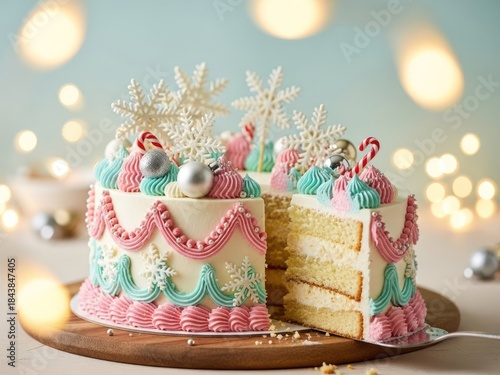 Elegant Frosted Festive Cake with Decorative Ornaments