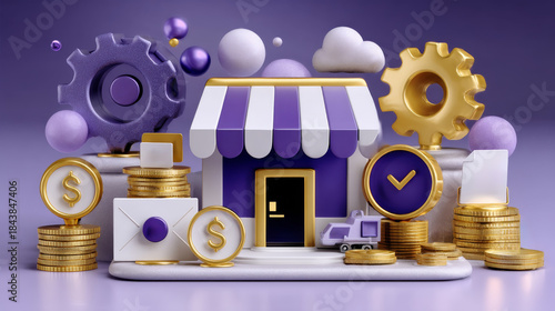 A vibrant 3D rendering of a small storefront with decorative gears, clouds, and golden coins on a purple background, symbolizing business growth