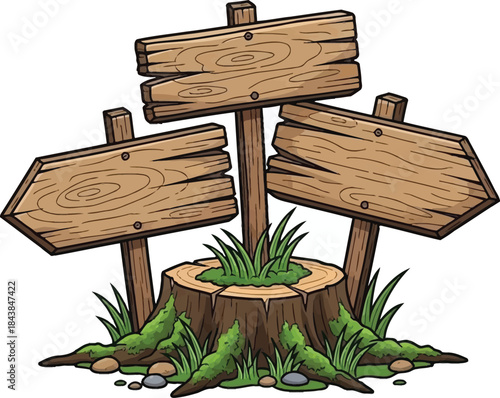 Cartoon illustration of a wooden signpost with multiple directions in a grassy area