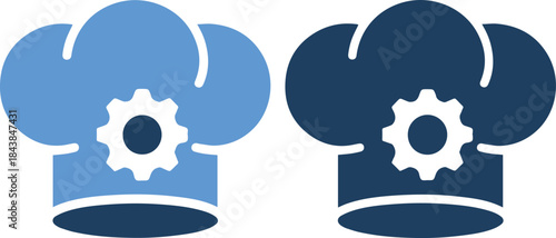 Vector illustration of chef hats with gear icons in blue shades