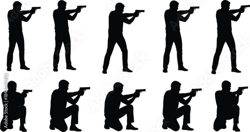 Tactical shooting stances, handgun silhouette, standing pose, kneeling position, firearm training, black vector, combat icon, posture variation, defense design, weapon handling