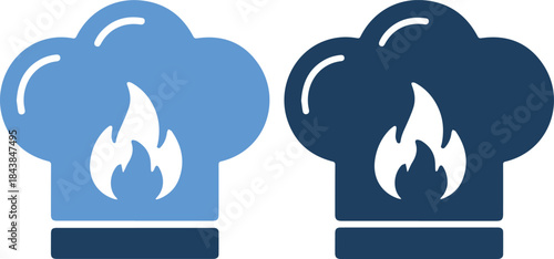 Vector illustration of chef hats with flame icons in blue shades