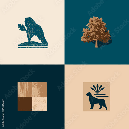 Vintage textured graphic art set featuring a stylized bear, dog, deciduous tree, and abstract earth tone color swatch icons.