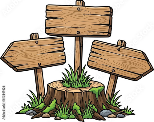 Cartoon illustration of three wooden signposts emerging from a tree stump with grass
