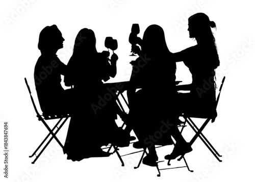Four women toasting with wine glasses at a table against a white background.
