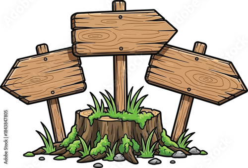 A cartoon illustration depicting a wooden signpost with multiple directional arrows emerging from a stump