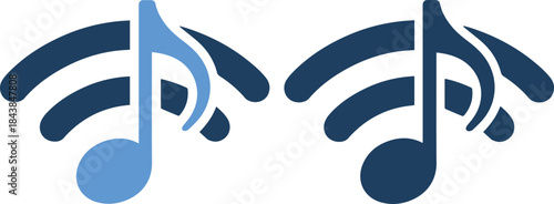 Illustration of interlinked music notes and wifi icons in shades of blue on isolated white background