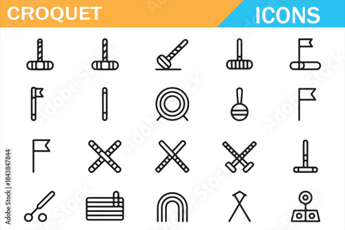 Croquet Sport Outline Icons Set with Mallet Ball and Hoop Symbols