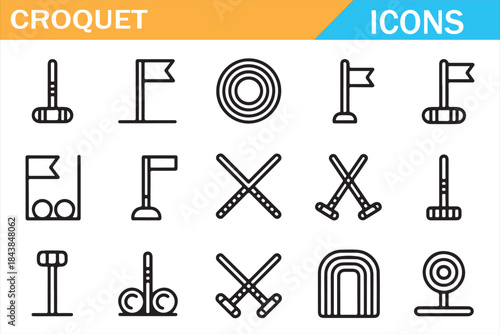 Croquet sport icons outline set with mallet, ball, hoop and equipment symbols isolated on white background for sports design, apps, web, infographics and branding