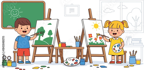 Two young children happily engaged in painting at easels in a bright classroom setting