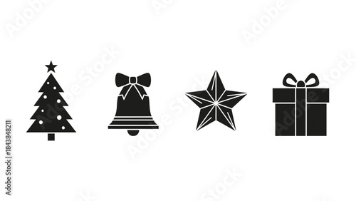 a simple black and white illustration showcasing iconic christmas symbols including a festive tree ringing bell bright star and a gift high quality professional detailed