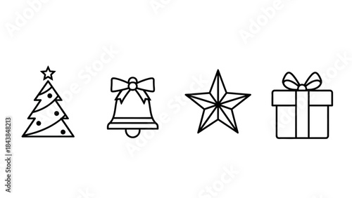 a minimalistic depiction of traditional christmas icons including a fir tree a festive bell a shining star and a wrapped present high quality professional detailed