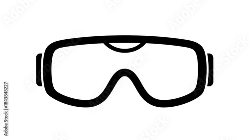a simple black and white line drawing depicts a pair of ski goggles featuring a curved frame and dark lenses showcasing winter sports equipment
