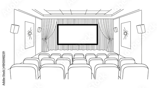 a detailed line drawing showcases an empty home theater with rows of seats facing a large blank screen wall mounted and framed with curtains