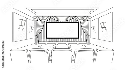 a detailed black and white line drawing depicts an empty movie theater interior with rows of seats facing a large screen framed by curtains