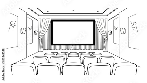 a detailed line drawing showcases an empty home theater with a large screen comfortable seating and elegant curtains representing entertainment high quality professional modern stylish