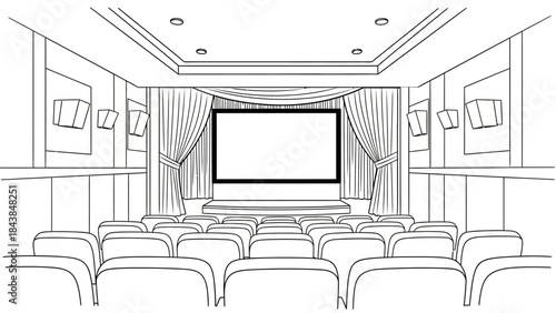 an architectural rendering of a home theater featuring rows of seating a large screen and ornate wall paneling and curtains high quality professional detailed modern