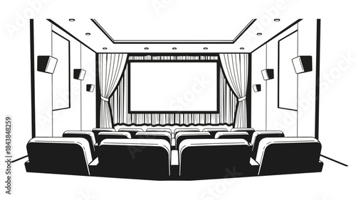 an illustrative depiction of a classic movie theater interior features rows of seats facing a large screen and curtains high quality professional detailed modern elegant