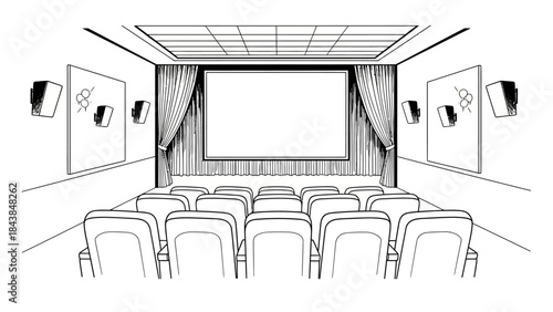 a detailed sketch depicts an empty cinema hall with rows of seating facing a large blank screen framed by dark curtains and speakers high quality