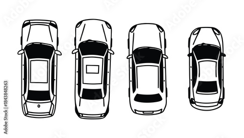 Top View Car Vector Line Art CAD Design – Clean Black Outline Automotive Technical Illustration Isolated on White Background