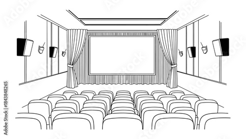 a detailed line drawing depicts an empty movie theater with tiered seating facing a large projection screen and speakers high quality professional modern elegant stylish