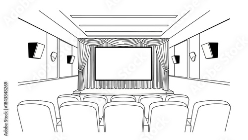 a minimalist sketch depicts an empty home theater with rows of seating facing a large screen and decorative wall high quality professional detailed modern elegant